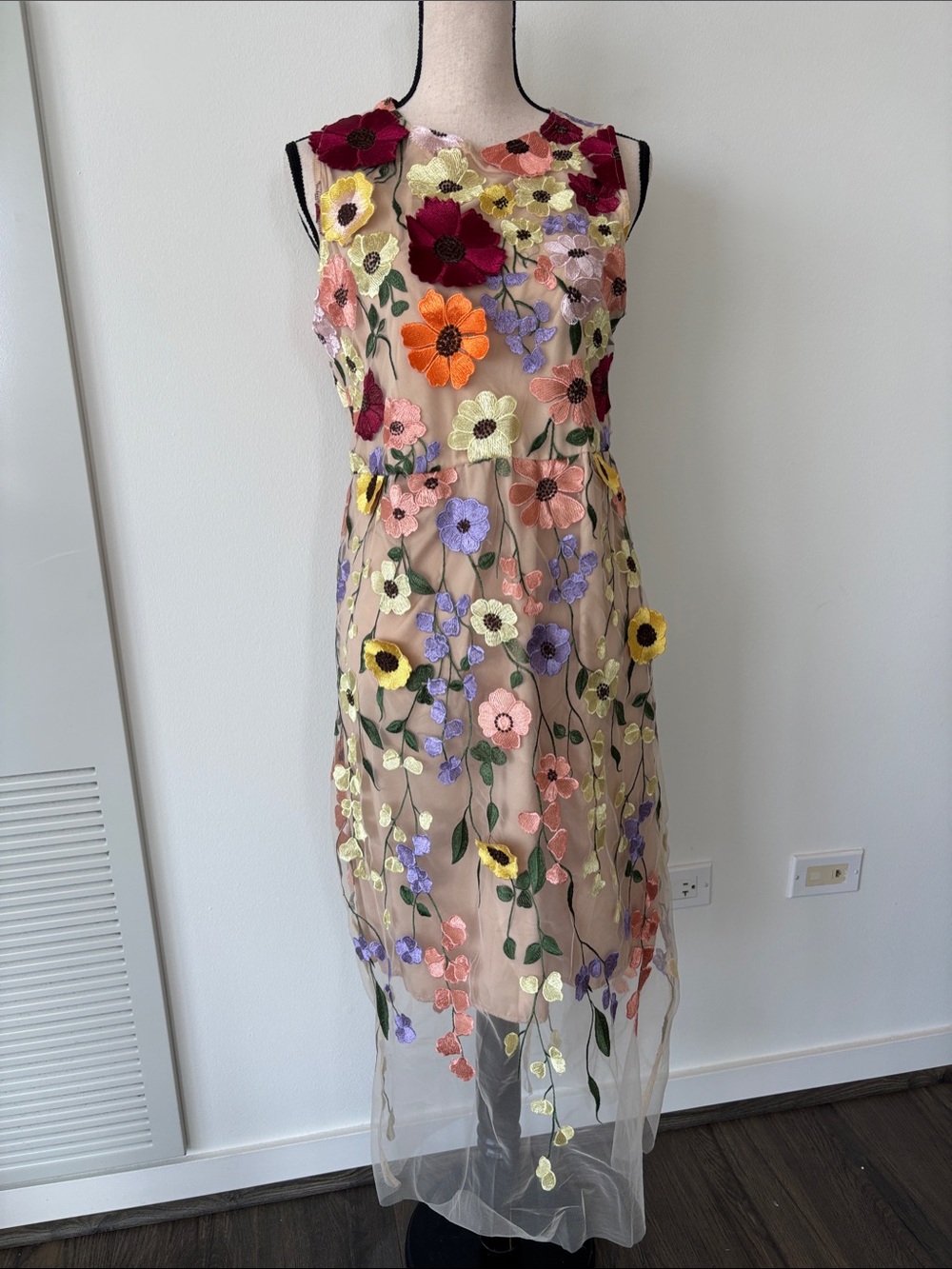 Floral Embroidered Sheer Midi Dress - Multicolor